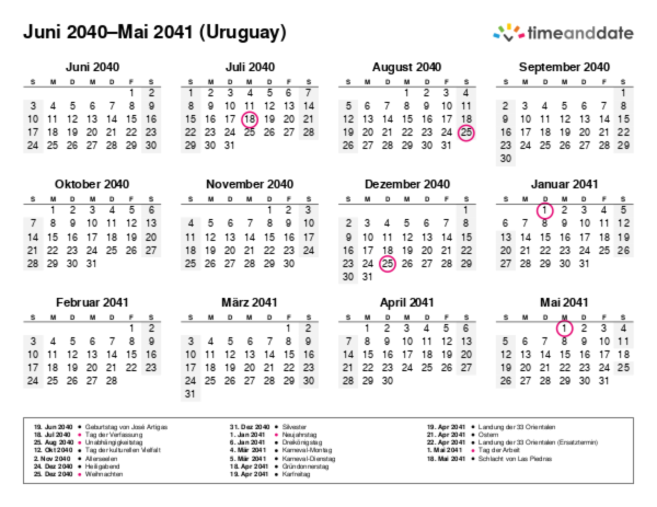 Kalender für 2040 in Uruguay