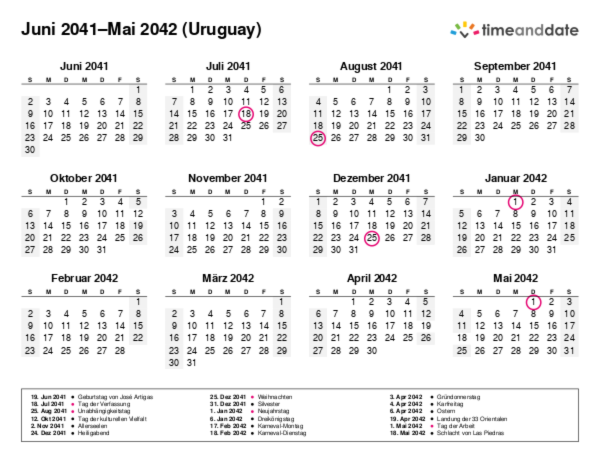 Kalender für 2041 in Uruguay