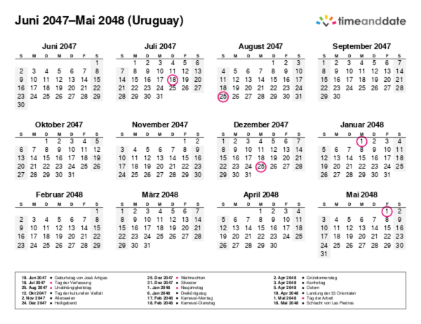 Kalender für 2047 in Uruguay