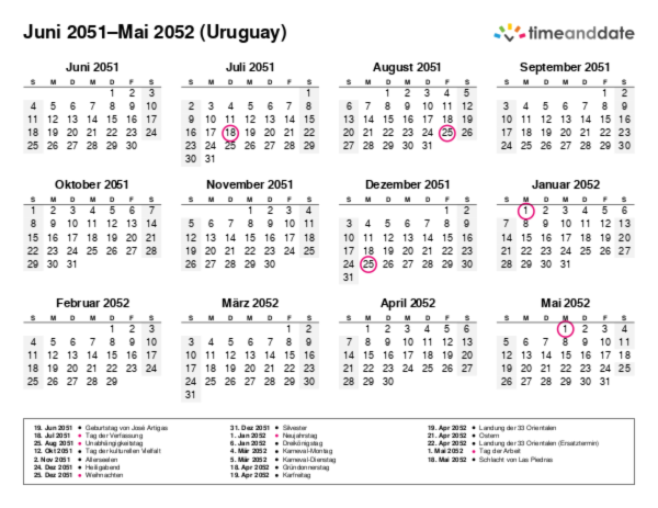 Kalender für 2051 in Uruguay