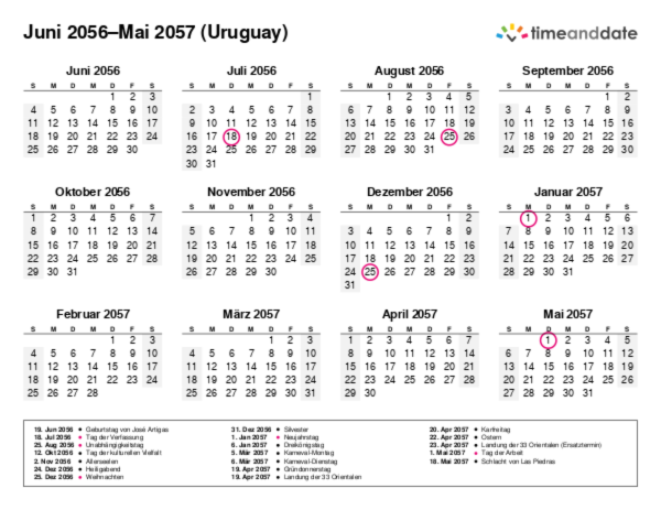 Kalender für 2056 in Uruguay