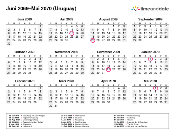 Kalender für 2069 in Uruguay