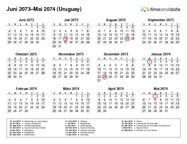Kalender für 2073 in Uruguay