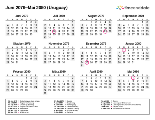 Kalender für 2079 in Uruguay