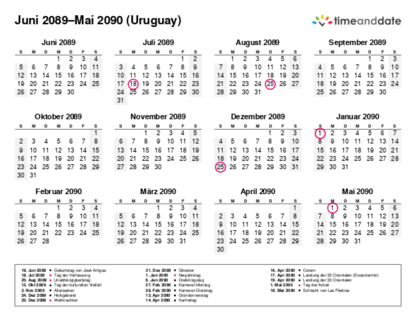 Kalender für 2089 in Uruguay