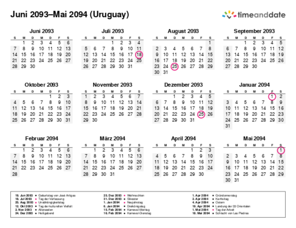Kalender für 2093 in Uruguay