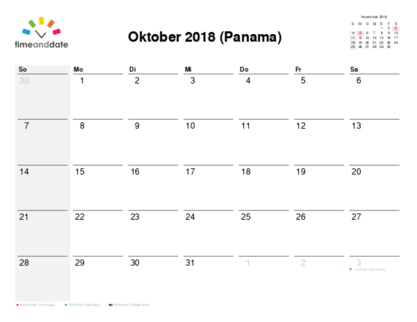 Kalender für 2018 in Panama