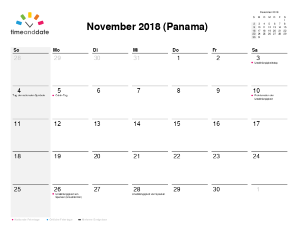 Kalender für 2018 in Panama