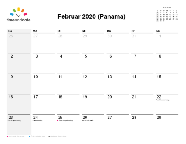 Kalender für 2020 in Panama