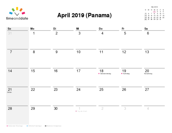 Kalender für 2019 in Panama