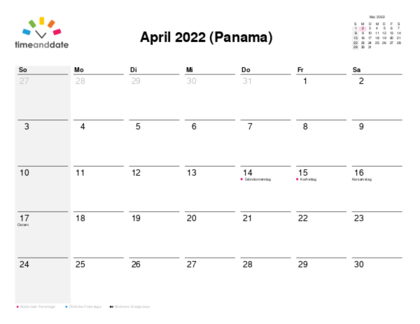 Kalender für 2022 in Panama