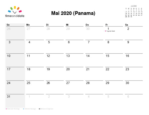 Kalender für 2020 in Panama