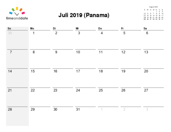 Kalender für 2019 in Panama