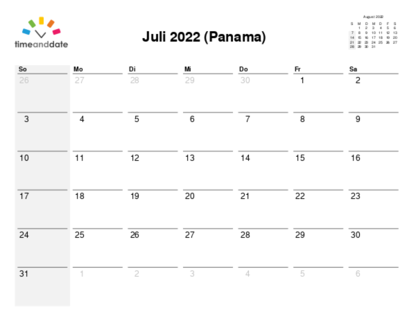 Kalender für 2022 in Panama