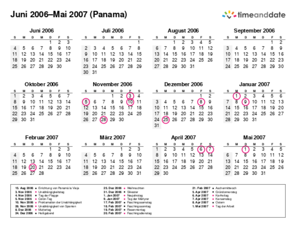 Kalender für 2006 in Panama