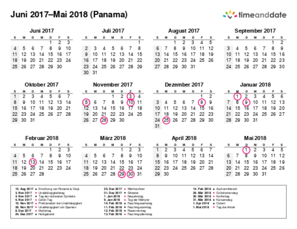 Kalender für 2017 in Panama