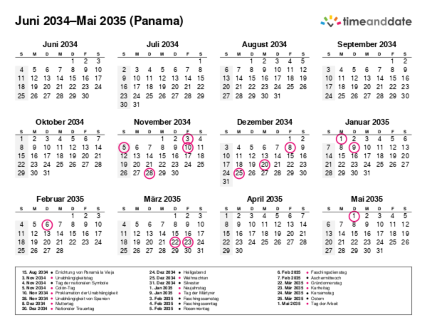 Kalender für 2034 in Panama