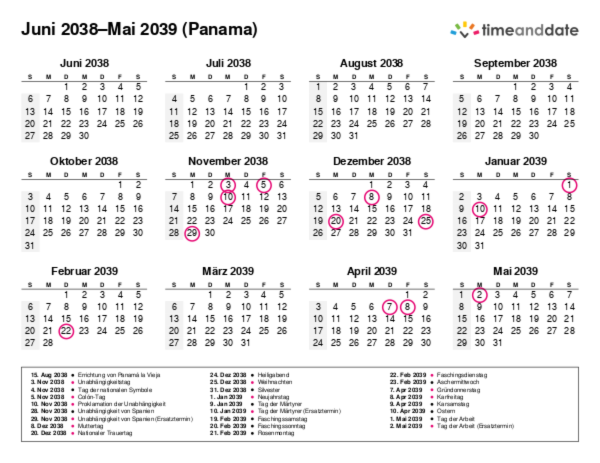 Kalender für 2038 in Panama