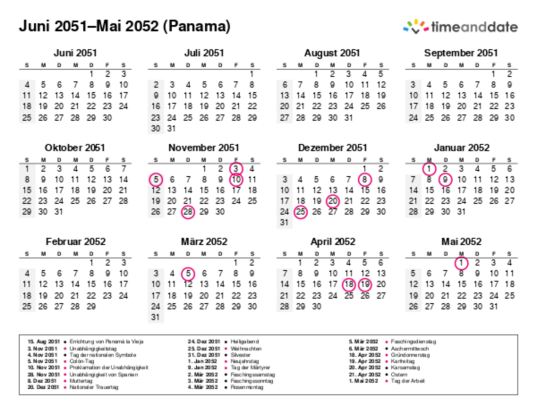 Kalender für 2051 in Panama