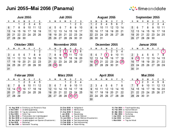 Kalender für 2055 in Panama