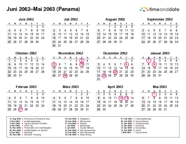 Kalender für 2062 in Panama