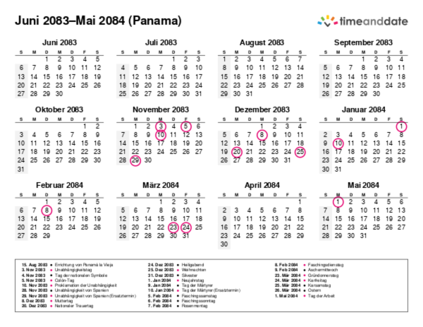 Kalender für 2083 in Panama