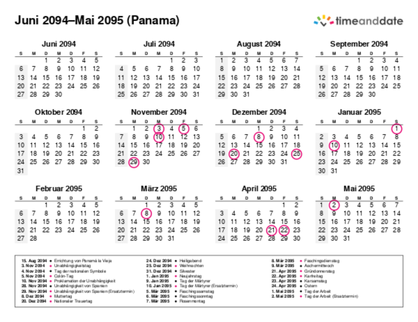 Kalender für 2094 in Panama