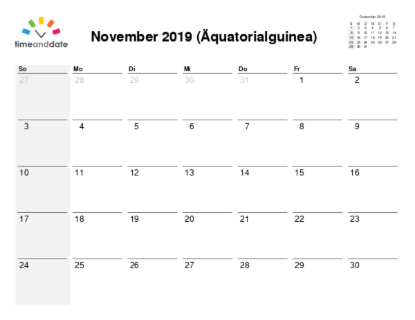 Kalender für 2019 in Äquatorialguinea