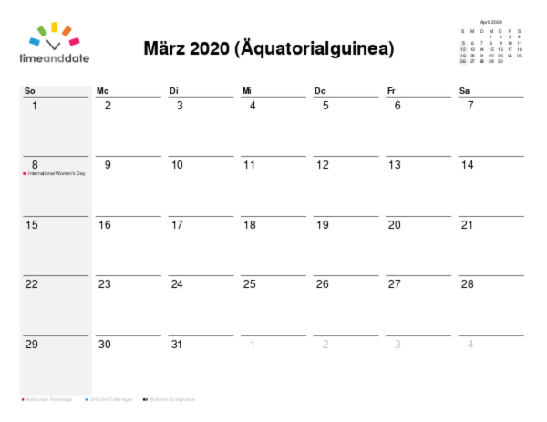 Kalender für 2020 in Äquatorialguinea