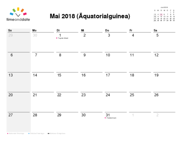 Kalender für 2018 in Äquatorialguinea