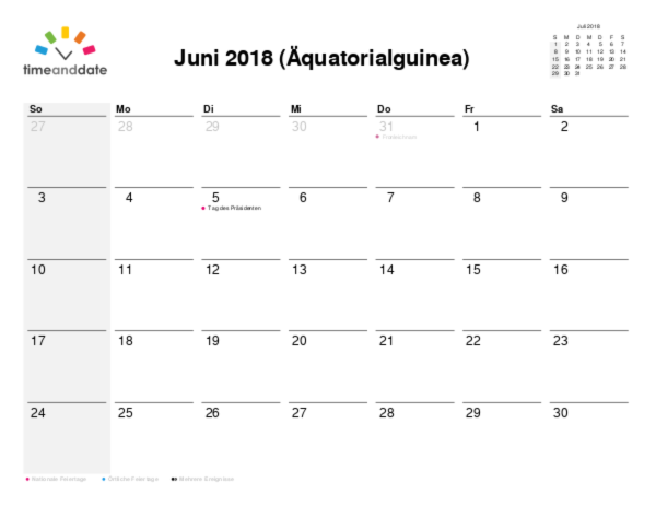 Kalender für 2018 in Äquatorialguinea