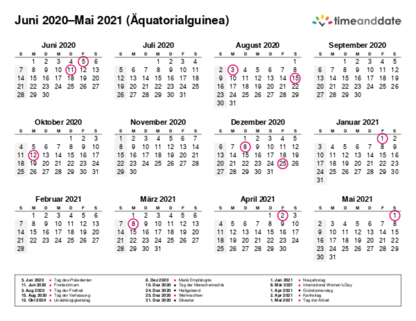 Kalender für 2020 in Äquatorialguinea