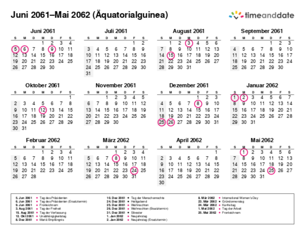Kalender für 2061 in Äquatorialguinea