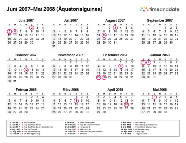Kalender für 2067 in Äquatorialguinea