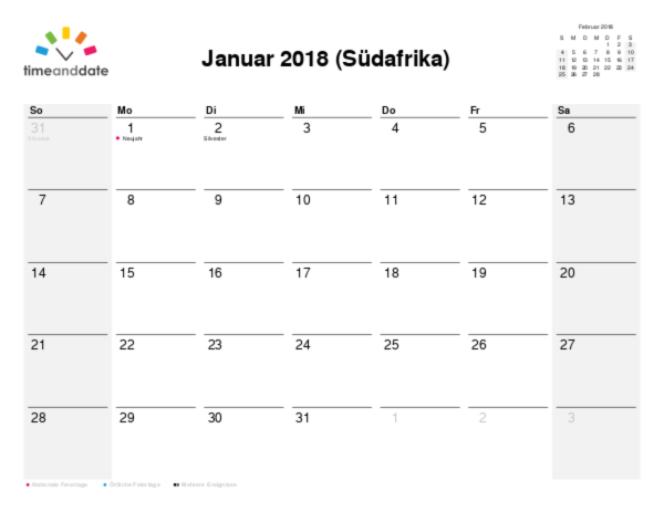 Kalender für 2018 in Südafrika