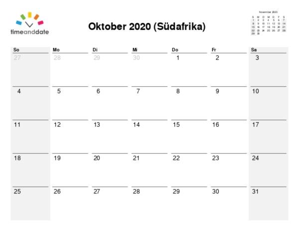Kalender für 2020 in Südafrika
