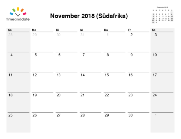 Kalender für 2018 in Südafrika