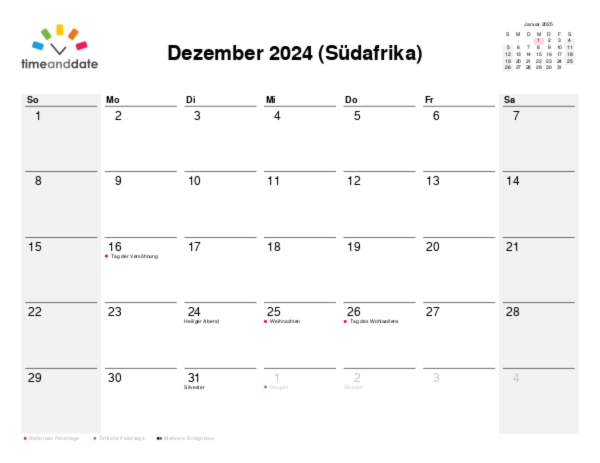 Kalender für 2024 in Südafrika
