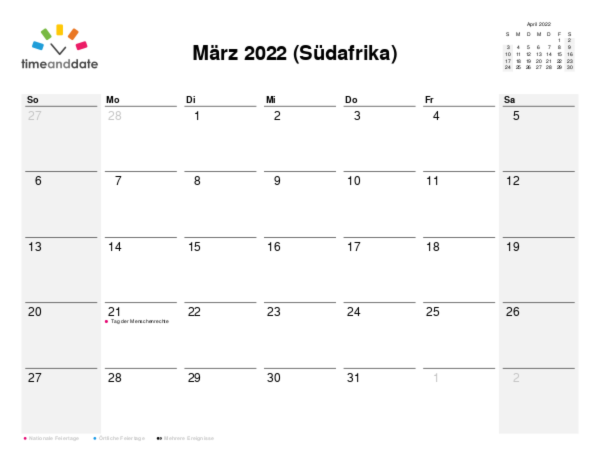 Kalender für 2022 in Südafrika