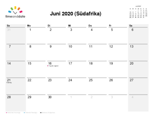Kalender für 2020 in Südafrika