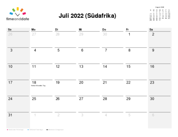 Kalender für 2022 in Südafrika