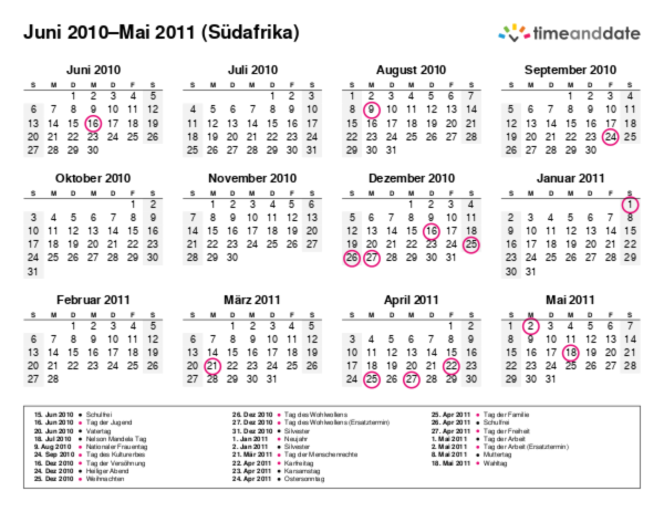 Kalender für 2010 in Südafrika