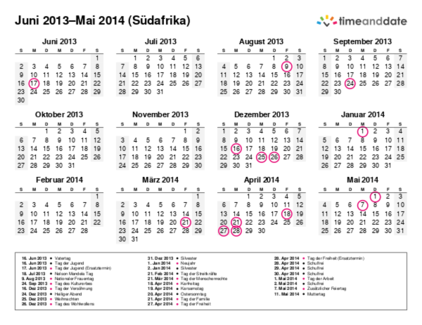 Kalender für 2013 in Südafrika