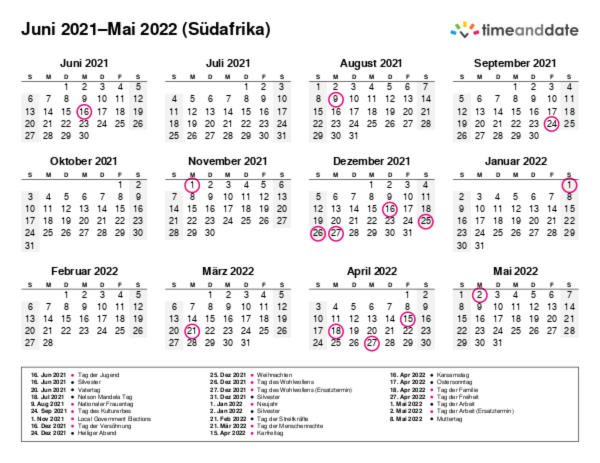 Kalender für 2021 in Südafrika