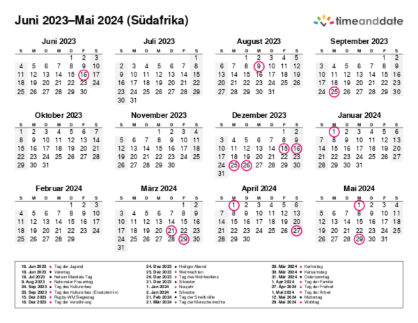 Kalender für 2023 in Südafrika