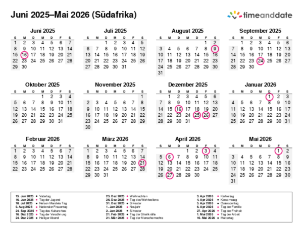 Kalender für 2025 in Südafrika