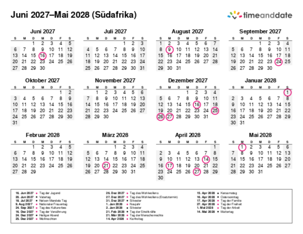 Kalender für 2027 in Südafrika