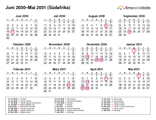 Kalender für 2030 in Südafrika