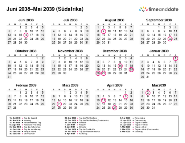 Kalender für 2038 in Südafrika
