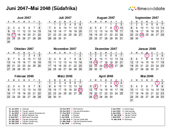 Kalender für 2047 in Südafrika